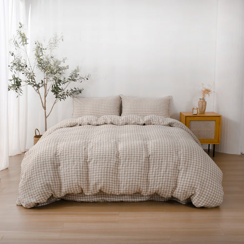 BEIGE GINGHAM - Duvet Cover + Pillow Cases | 100% French Flax Linen