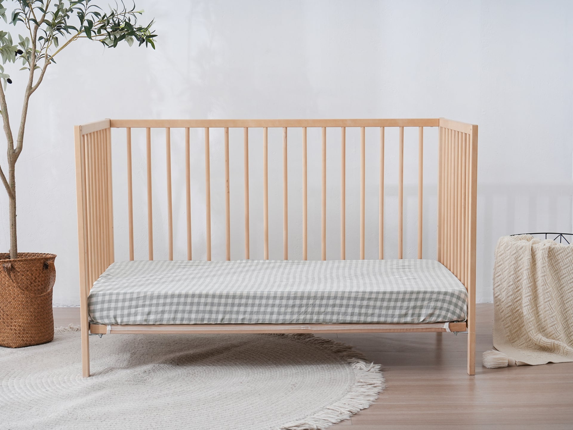 Linen Fitted Cot Sheet - Sage Gingham