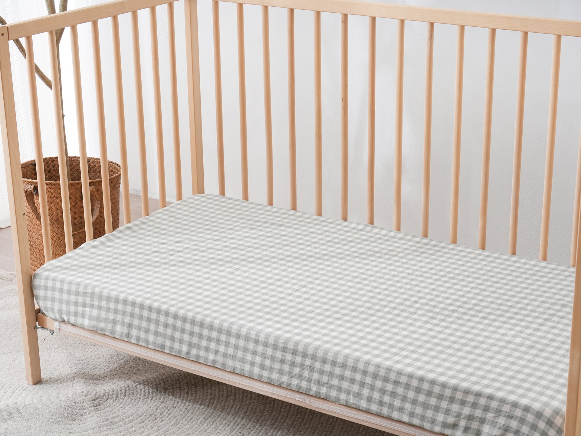 Linen Fitted Cot Sheet - Sage Gingham