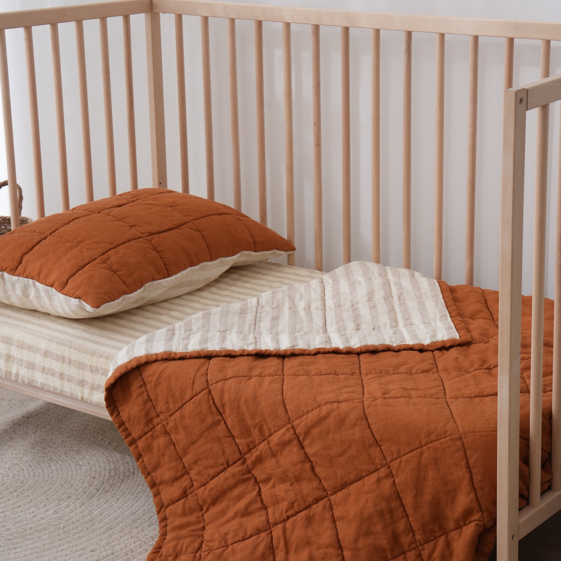 Quilted Linen Cot Blanket - Clay + Sand Stripe