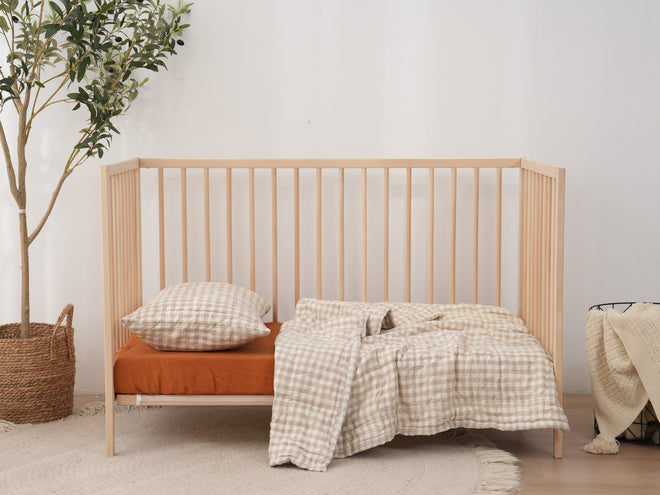 BEIGE GINGHAM - Quilted Cot Blanket - 100% French Flax Linen