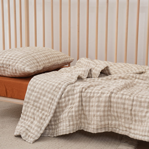 BEIGE GINGHAM - Quilted Cot Blanket - 100% French Flax Linen