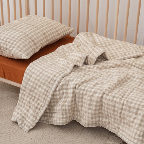 BEIGE GINGHAM - Quilted Cot Blanket - 100% French Flax Linen