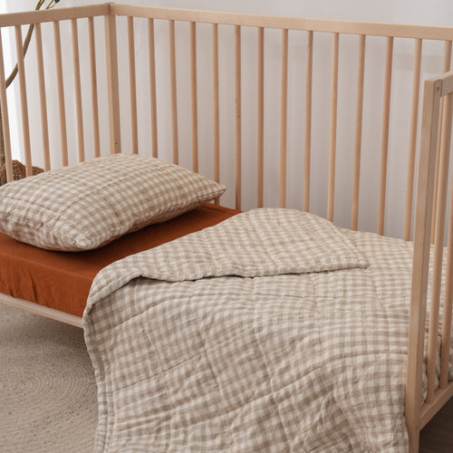 BEIGE GINGHAM - Quilted Cot Blanket - 100% French Flax Linen