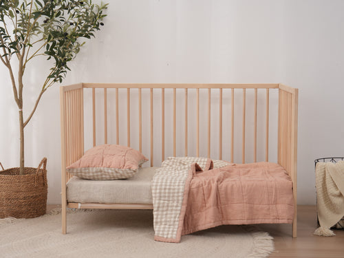 PINK CLAY + BEIGE GINGHAM - Quilted Cot Blanket - 100% French Flax Linen