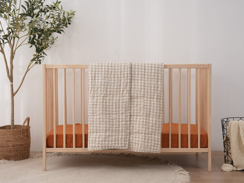 BEIGE GINGHAM - Quilted Cot Blanket - 100% French Flax Linen