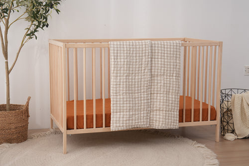 BEIGE GINGHAM - Quilted Cot Blanket - 100% French Flax Linen