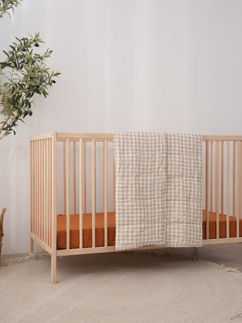 BEIGE GINGHAM - Quilted Cot Blanket - 100% French Flax Linen