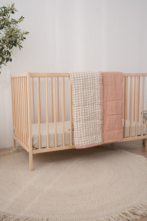 PINK CLAY + BEIGE GINGHAM - Quilted Cot Blanket - 100% French Flax Linen
