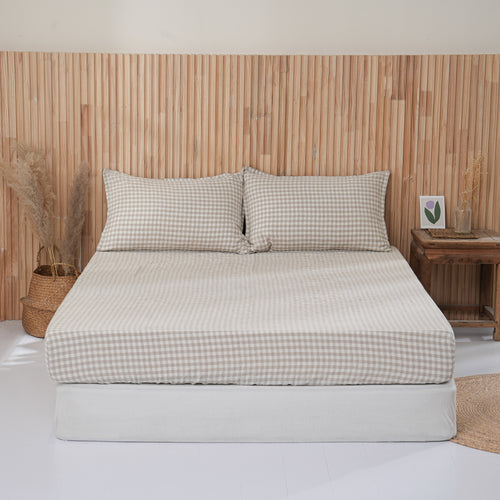 BEIGE GINGHAM - Sheet Set - 100% French Flax Linen