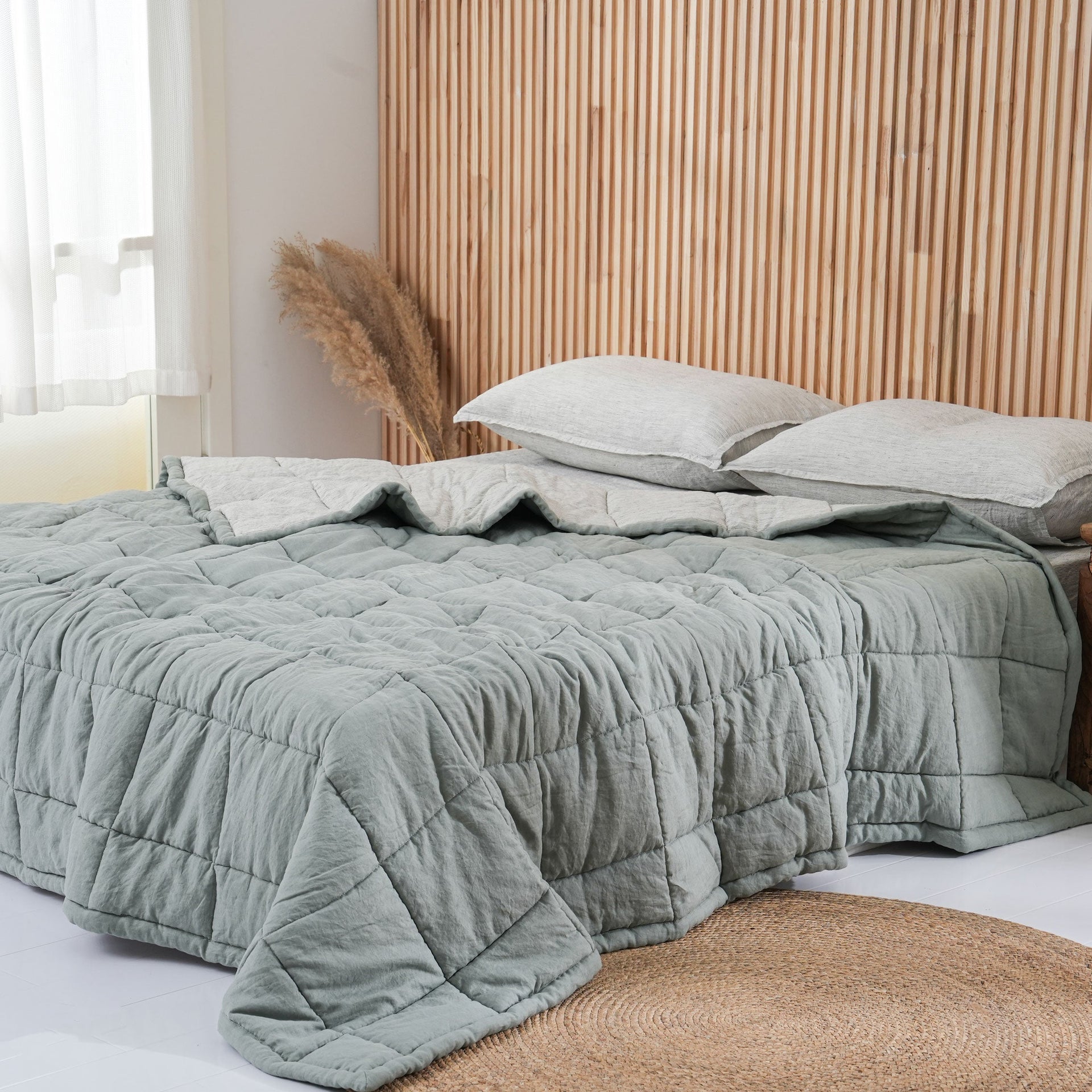 Quilted Linen Blanket - Sage + Pinstripe