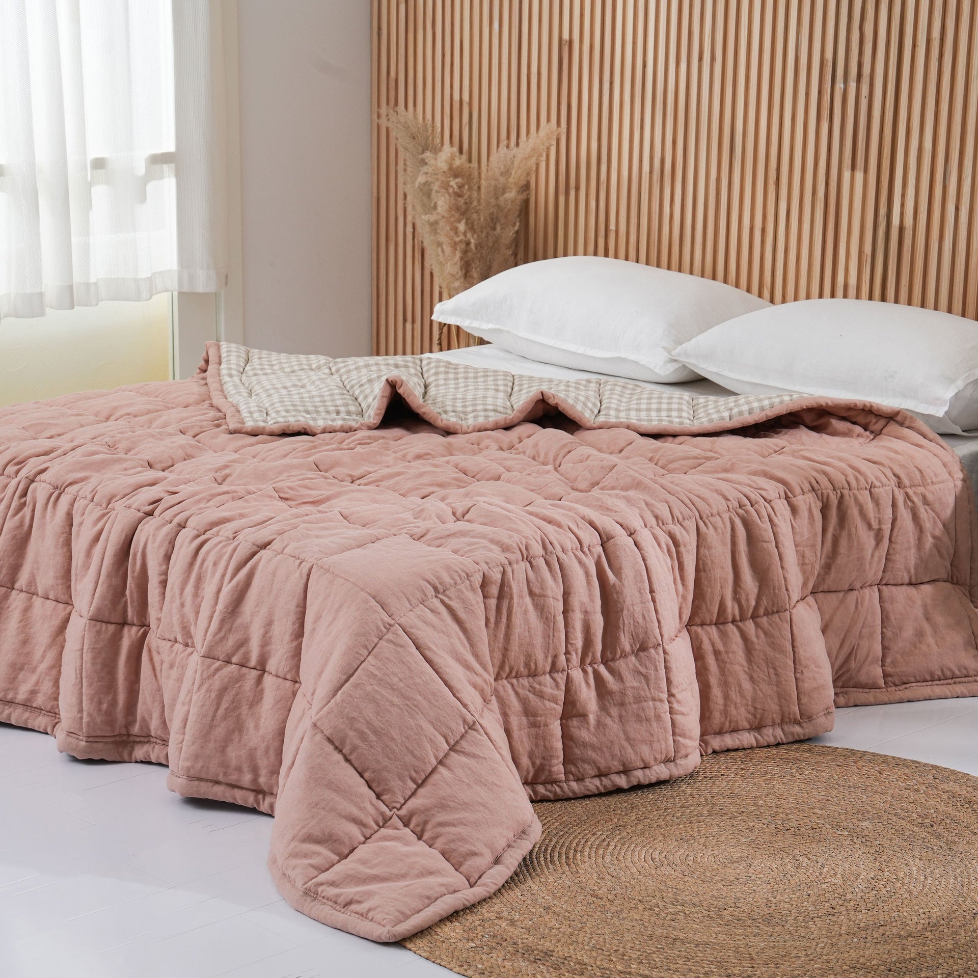 Quilted Linen Blanket - Pink Clay + Beige Gingham
