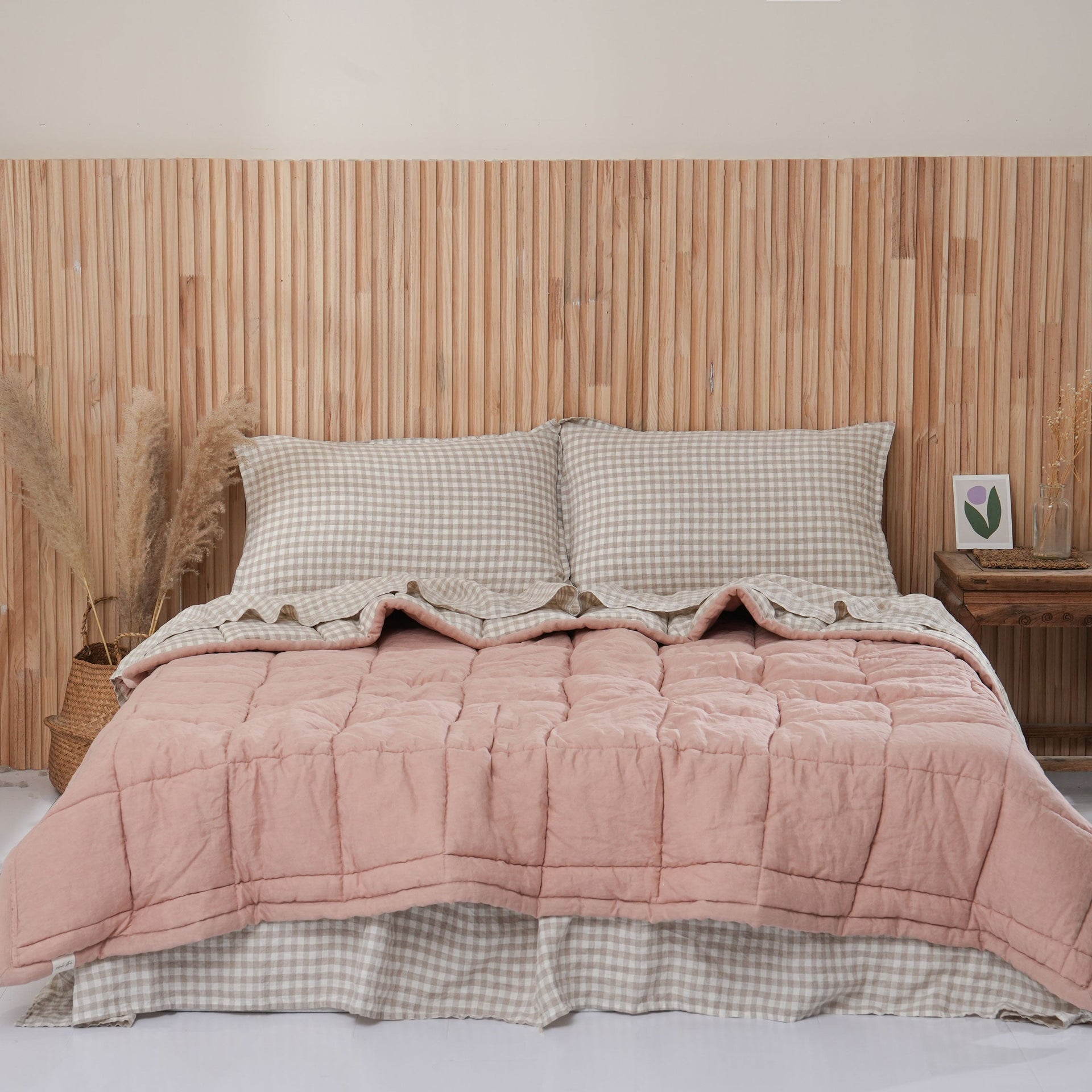 Quilted Linen Blanket - Pink Clay + Beige Gingham