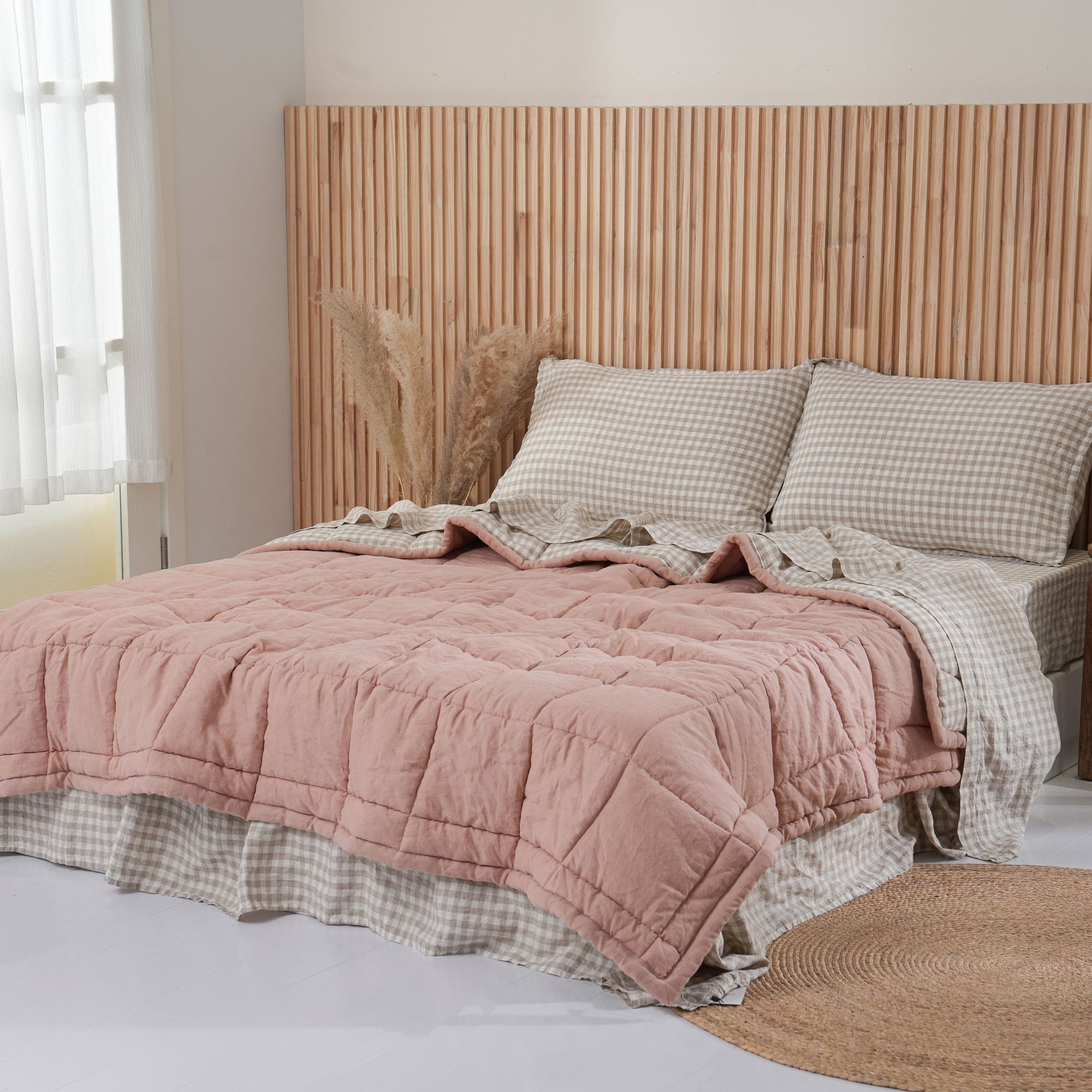 Quilted Linen Blanket - Pink Clay + Beige Gingham