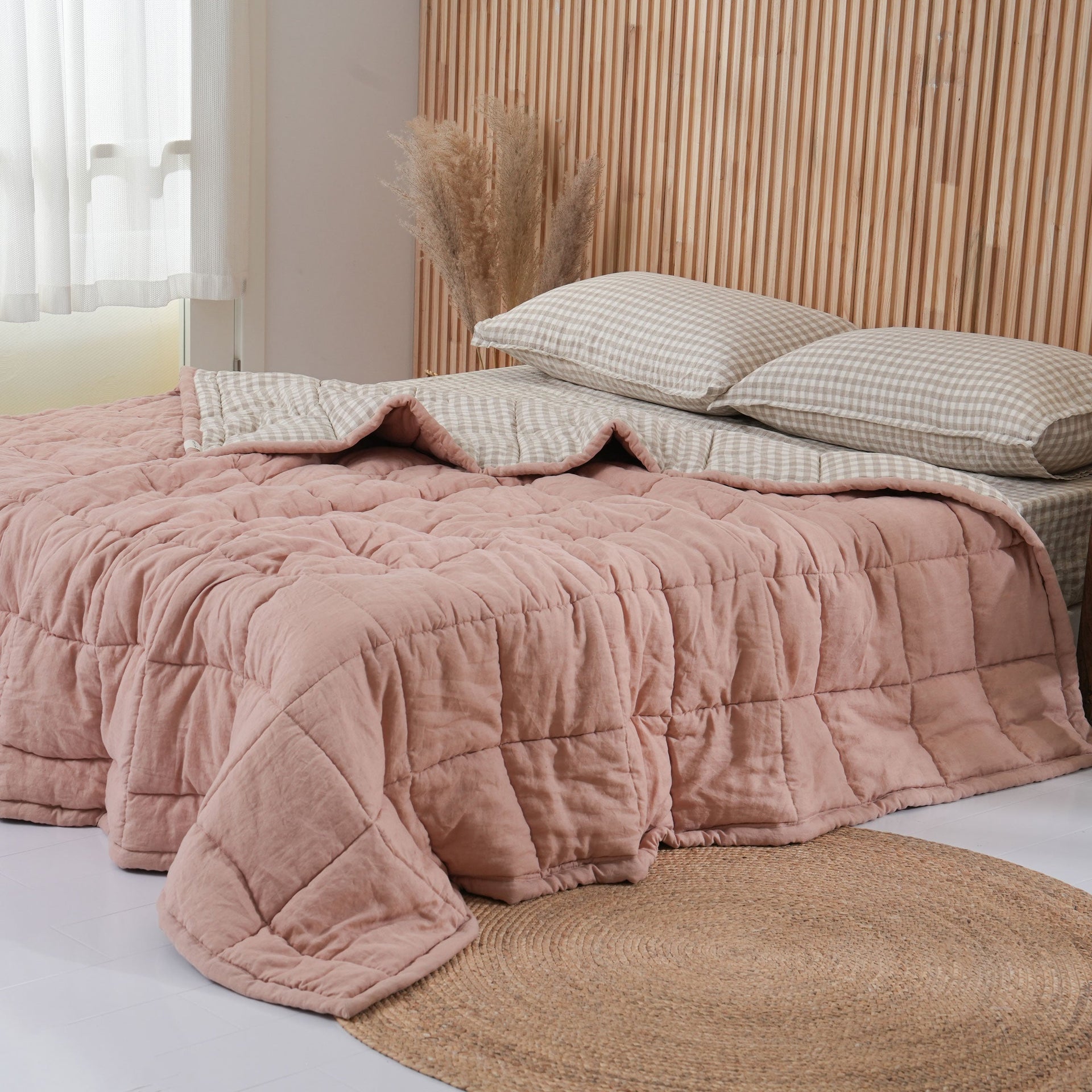 Quilted Linen Blanket - Pink Clay + Beige Gingham