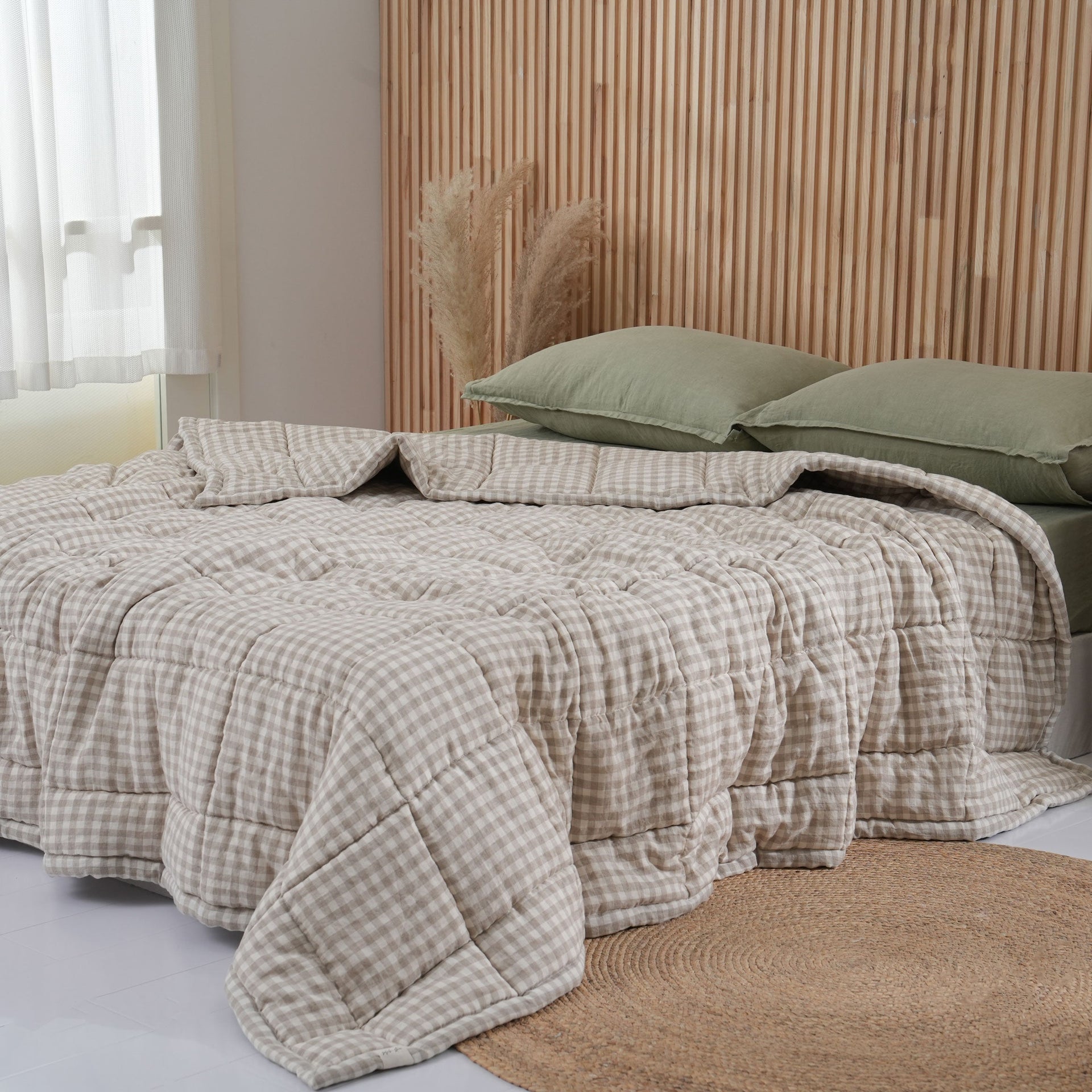 Quilted Linen Blanket - Beige Gingham