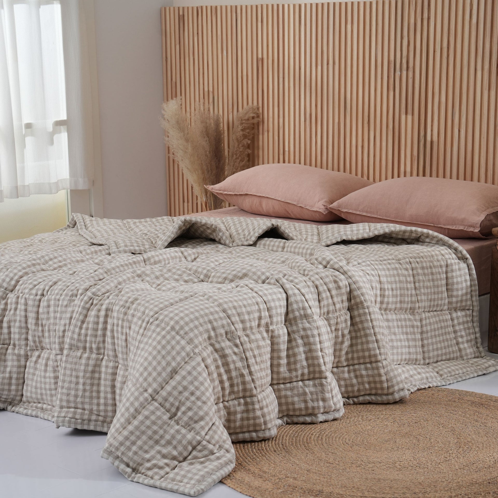 Quilted Linen Blanket - Beige Gingham