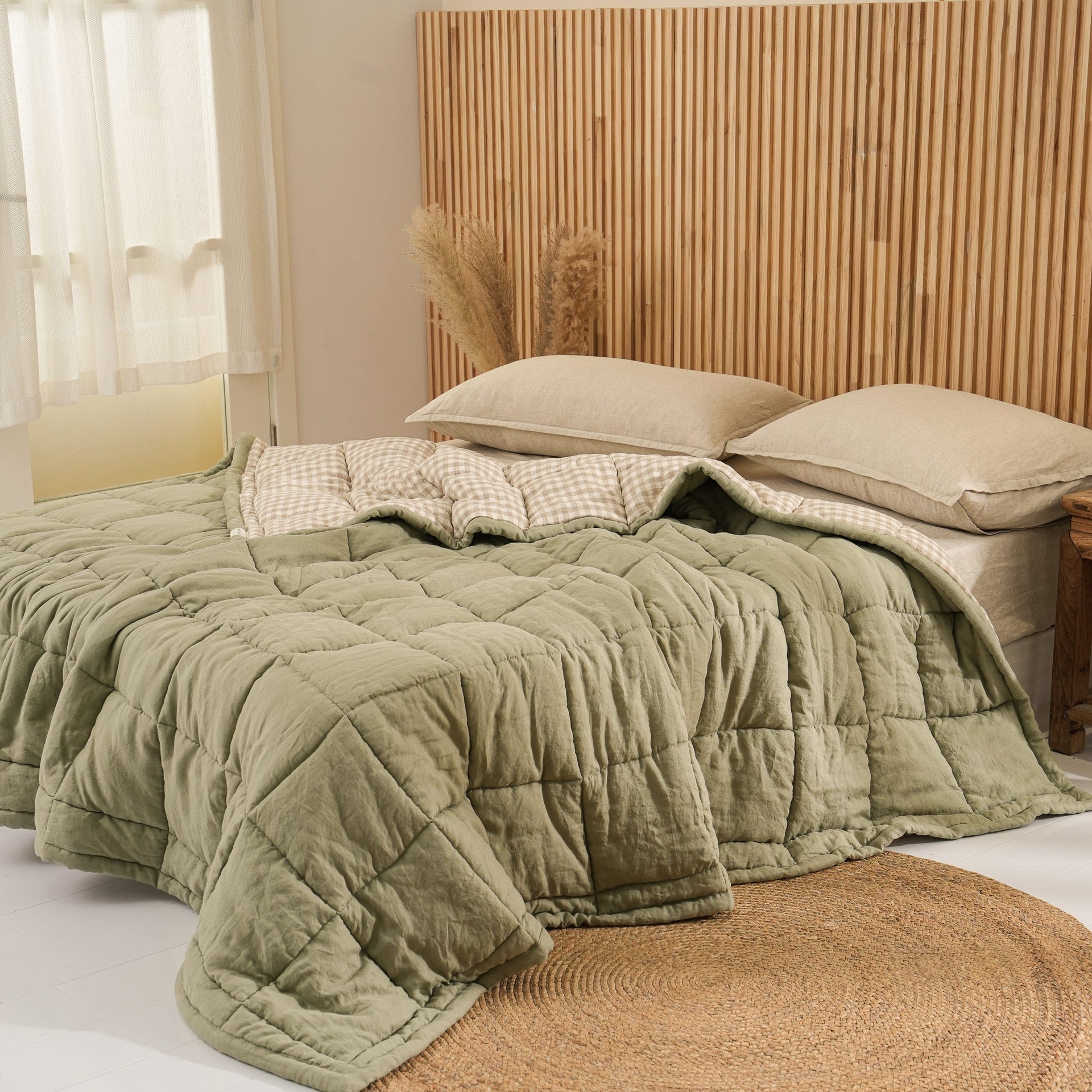 Quilted Linen Blanket - Fern + Beige Gingham