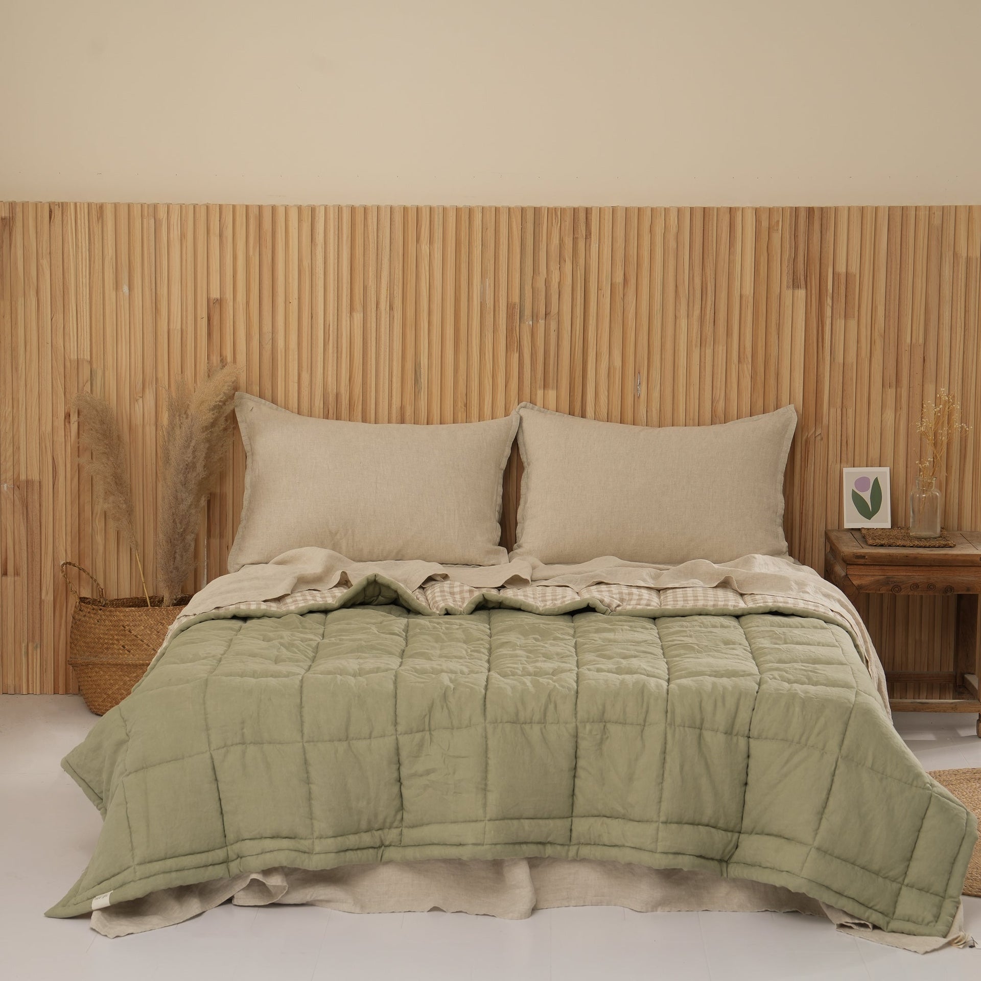Quilted Linen Blanket - Fern + Beige Gingham