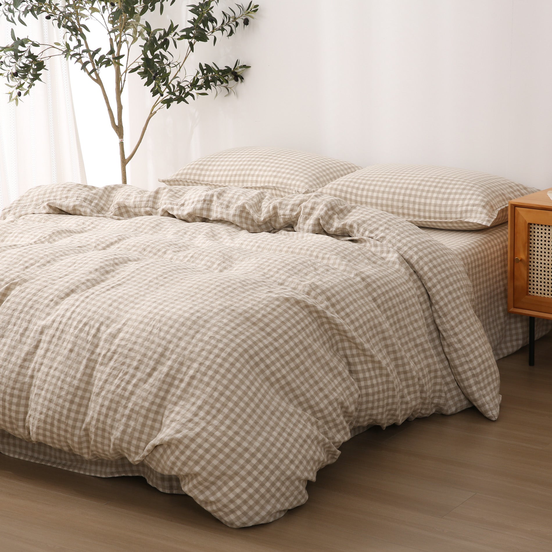 Linen Duvet Cover + Pillowcases - Beige Gingham