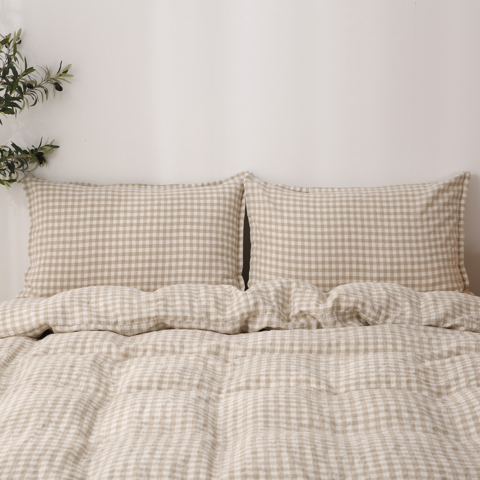 Linen Duvet Cover + Pillowcases - Beige Gingham