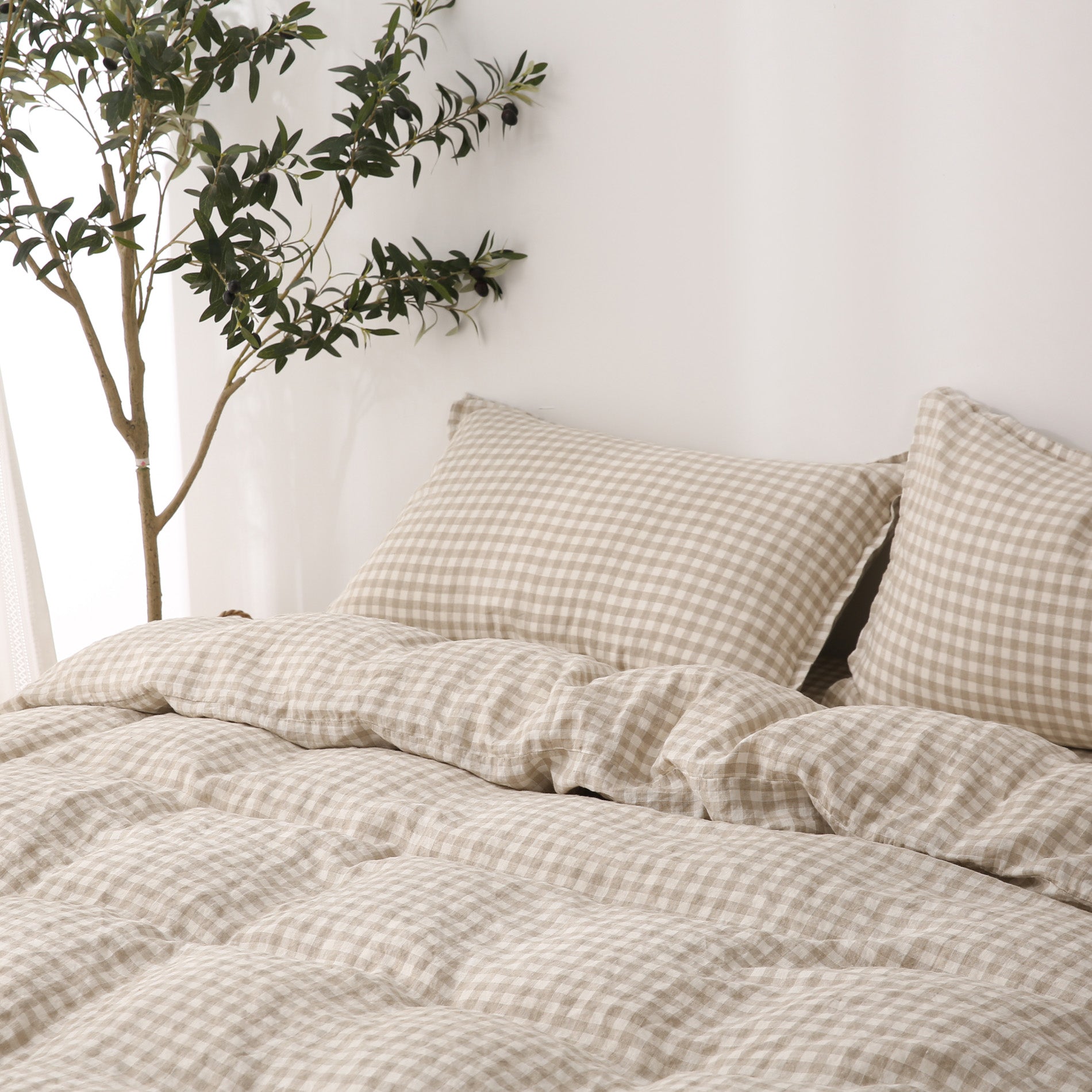 Linen Duvet Cover + Pillowcases - Beige Gingham
