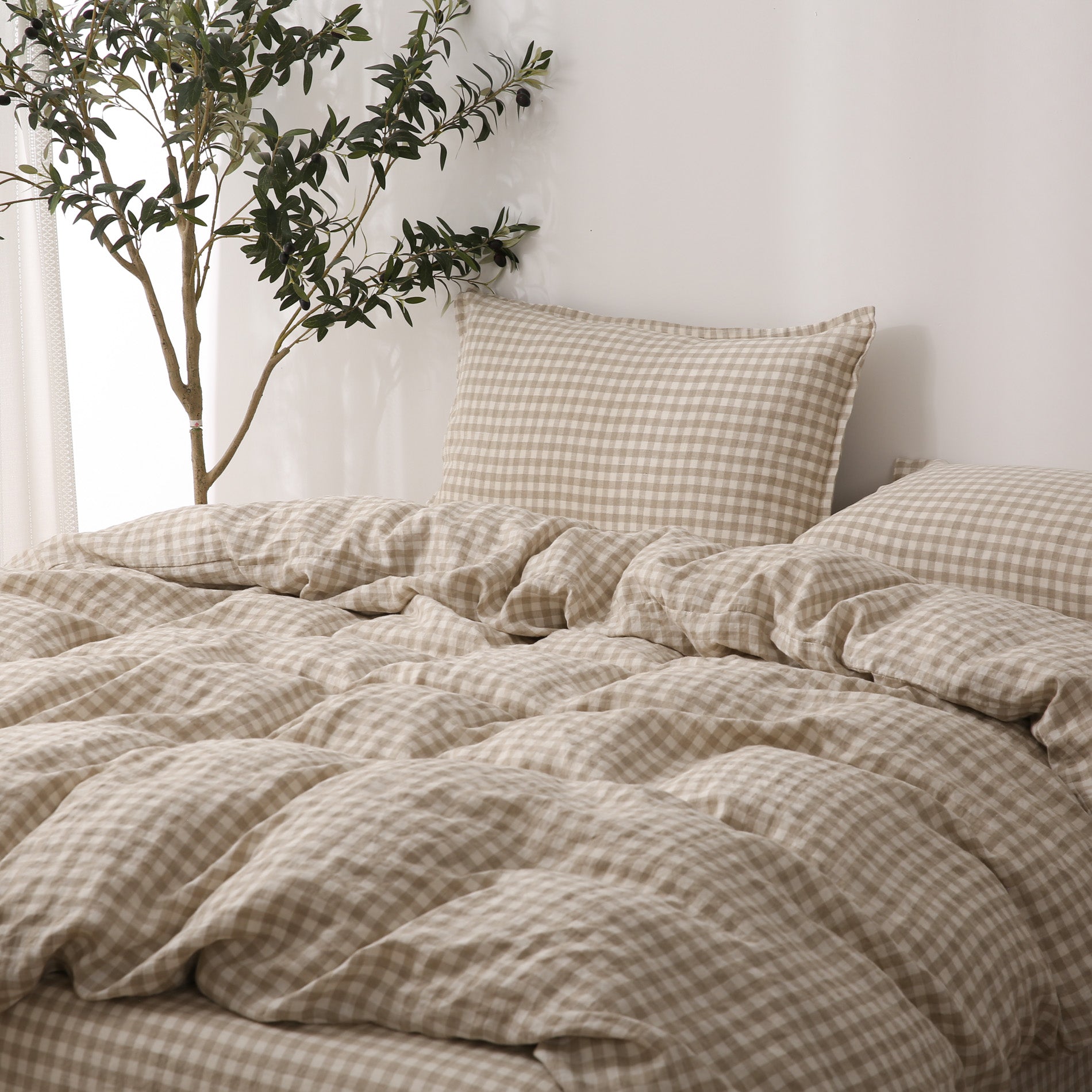 Linen Duvet Cover + Pillowcases - Beige Gingham
