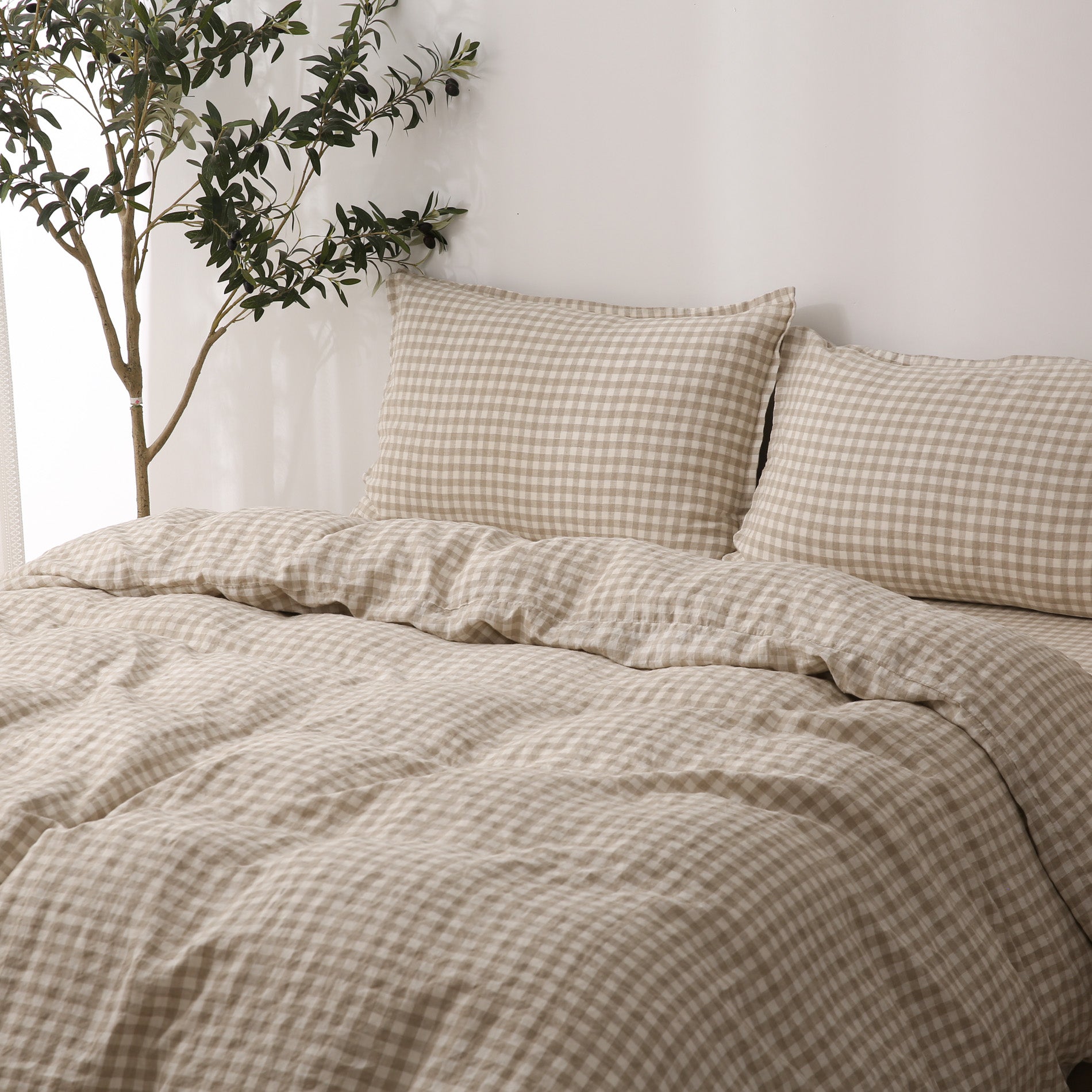 Linen Duvet Cover + Pillowcases - Beige Gingham
