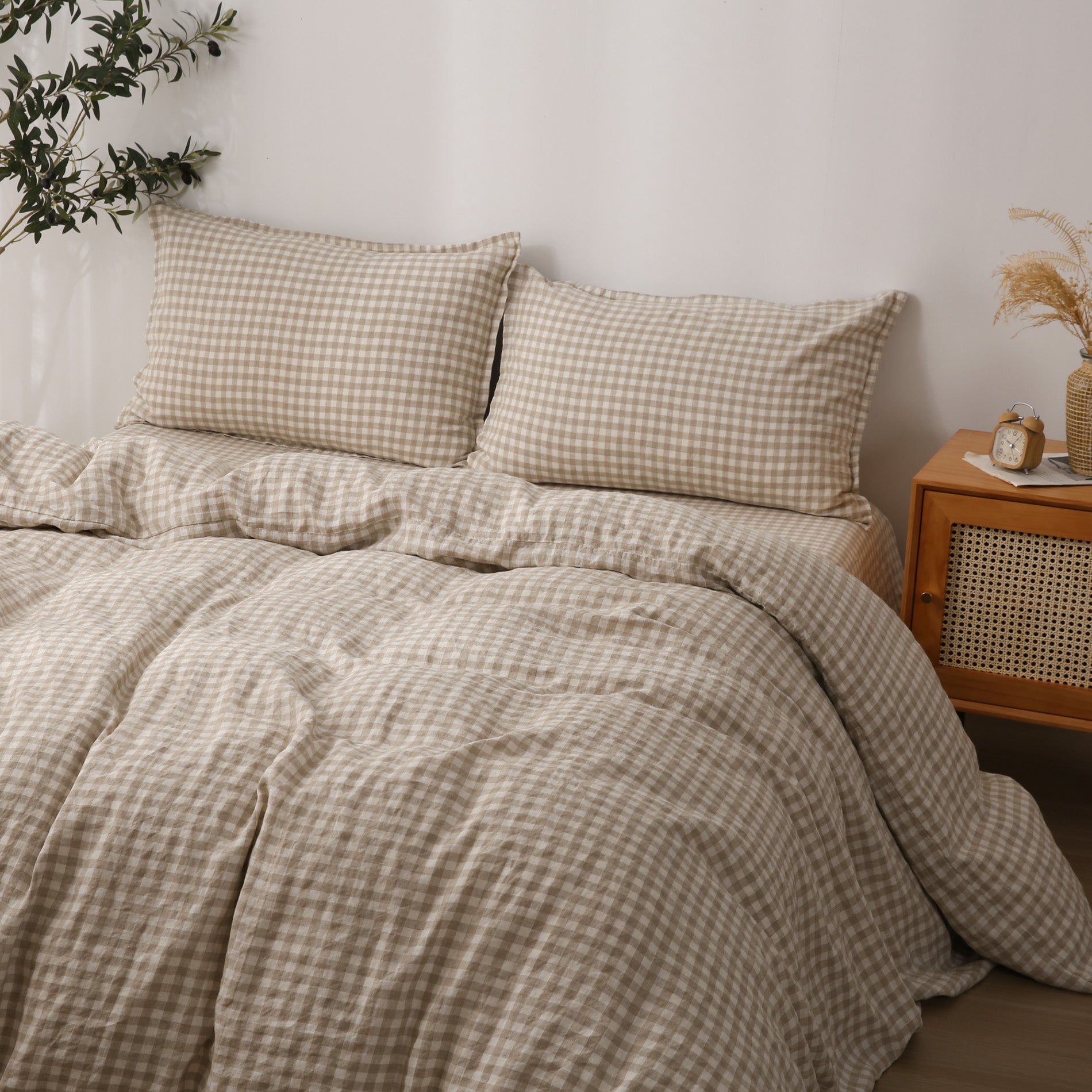 Linen Duvet Cover + Pillowcases - Beige Gingham