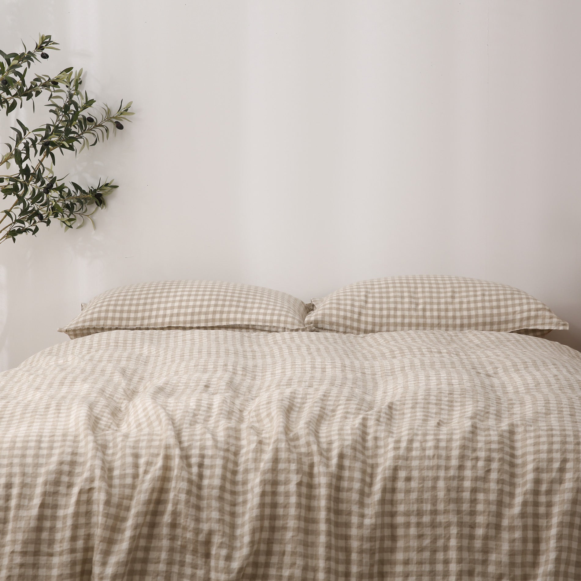 Linen Duvet Cover + Pillowcases - Beige Gingham