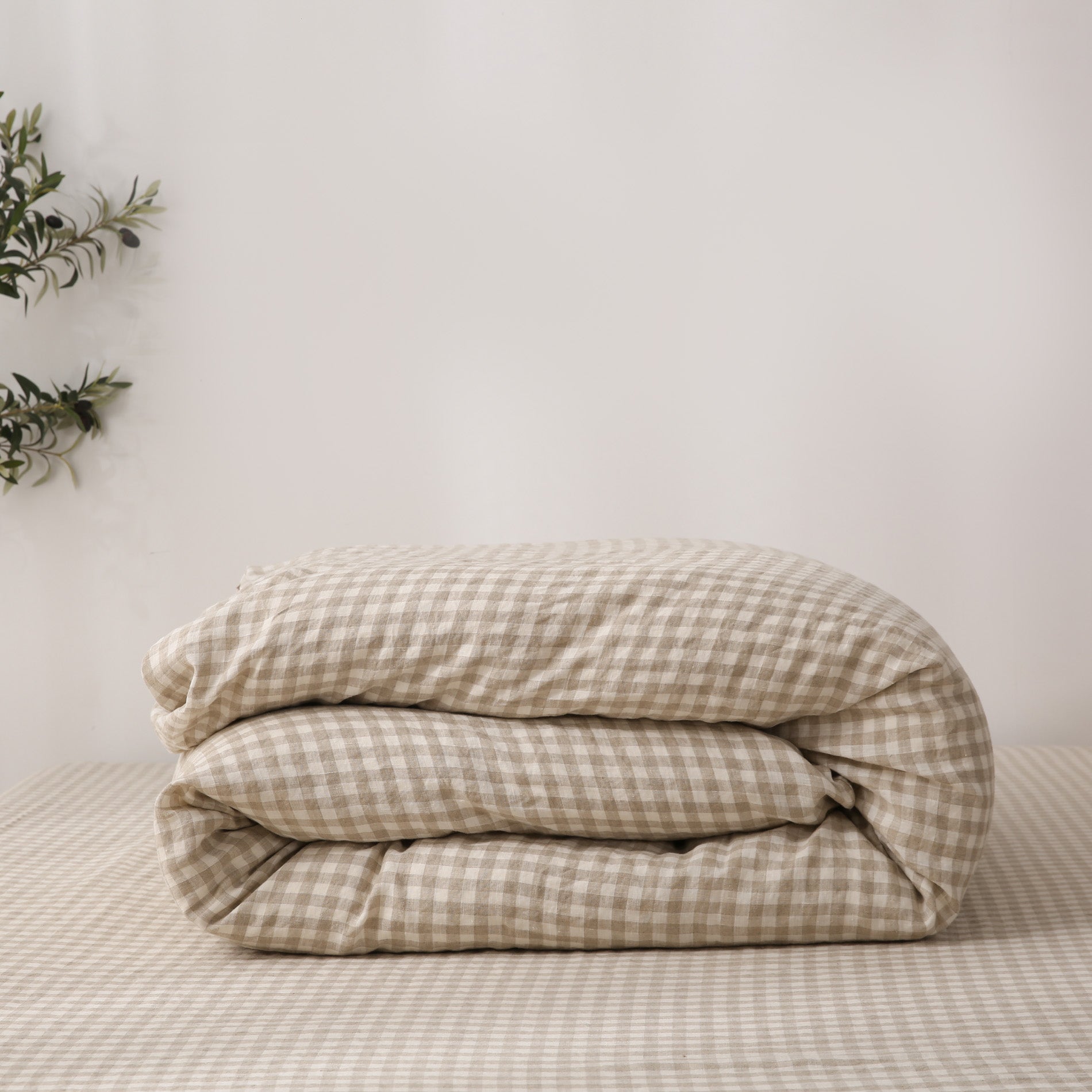 Linen Duvet Cover + Pillowcases - Beige Gingham