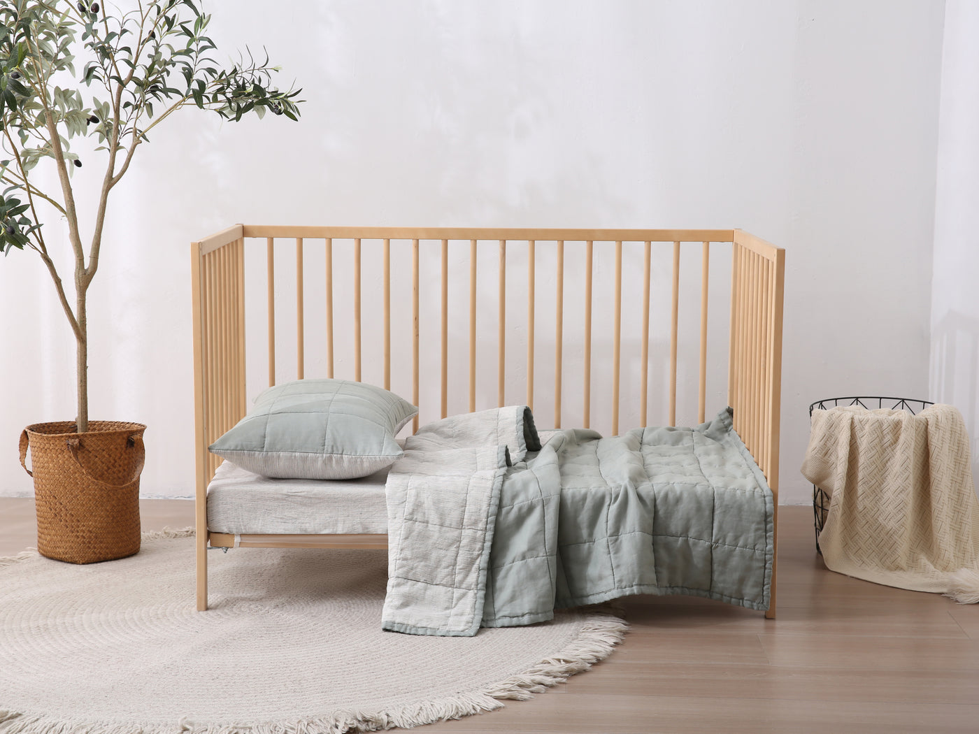 Quilted Linen Cot Blanket – Sage + Pinstripe