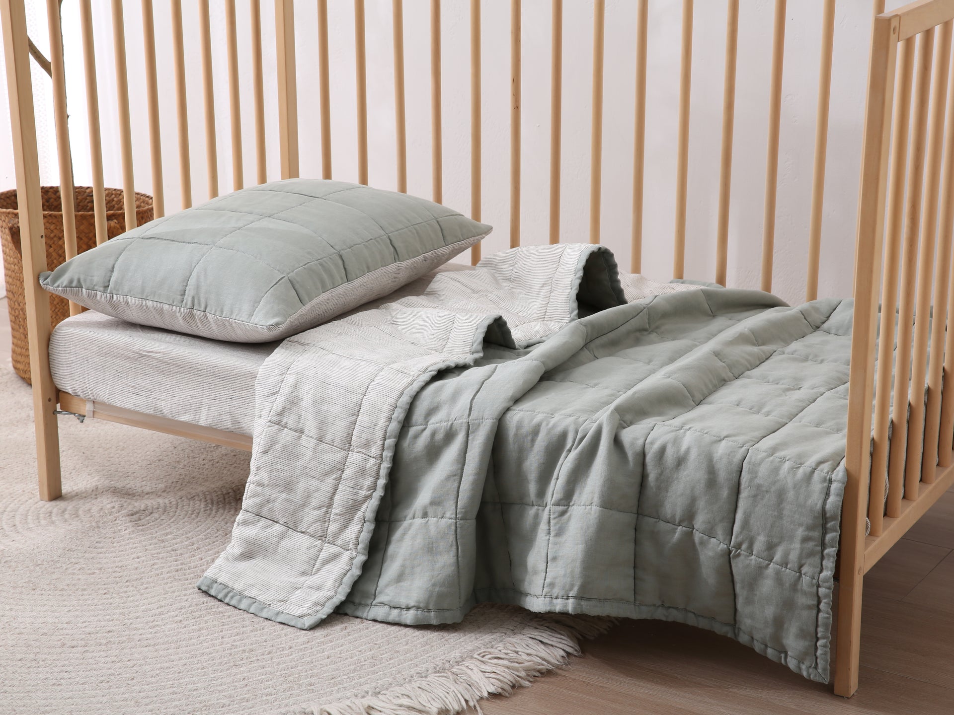 Quilted Linen Cot Blanket - Sage + Pinstripe