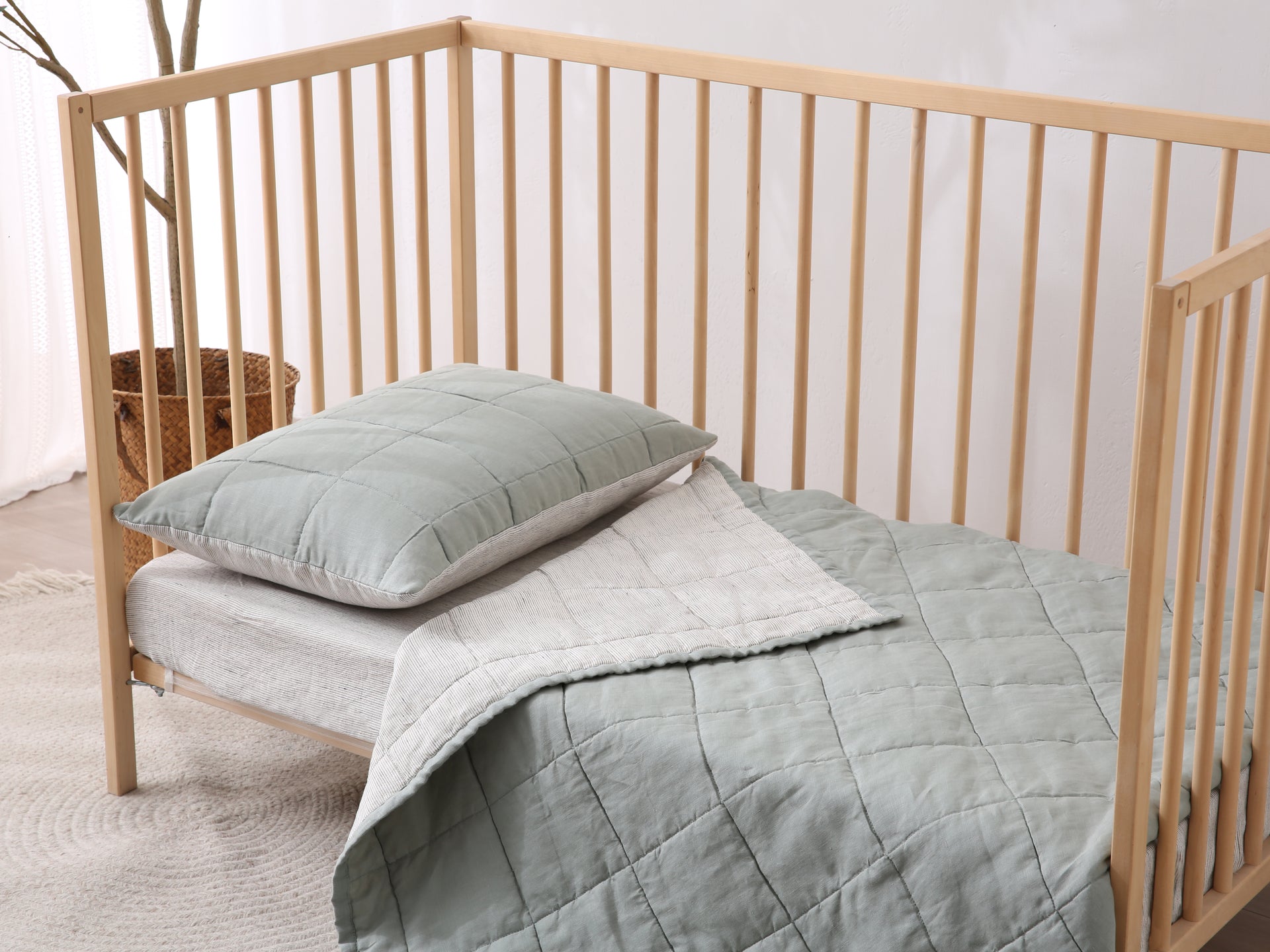 Quilted Linen Cot Blanket - Sage + Pinstripe