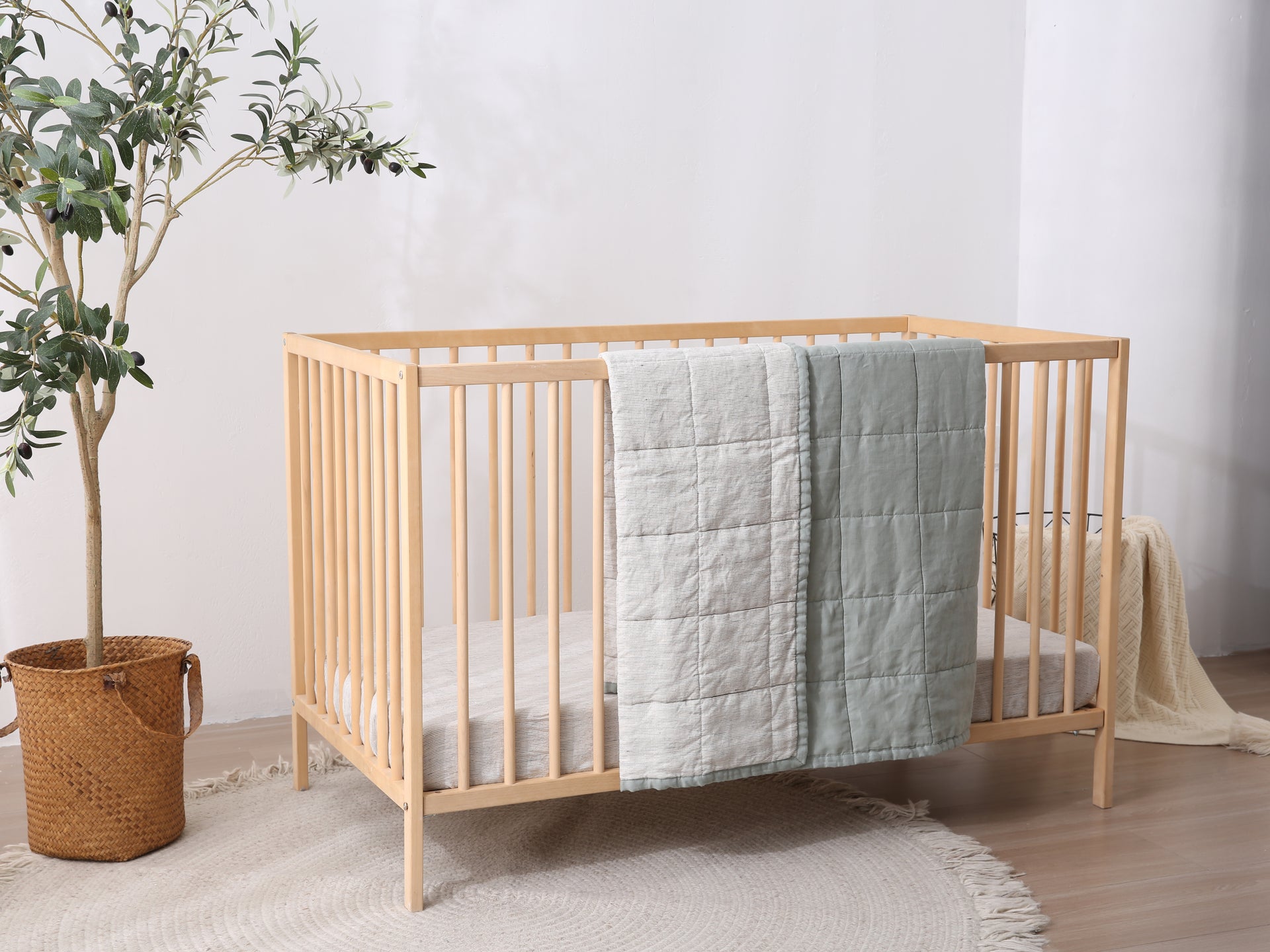 Quilted Linen Cot Blanket - Sage + Pinstripe