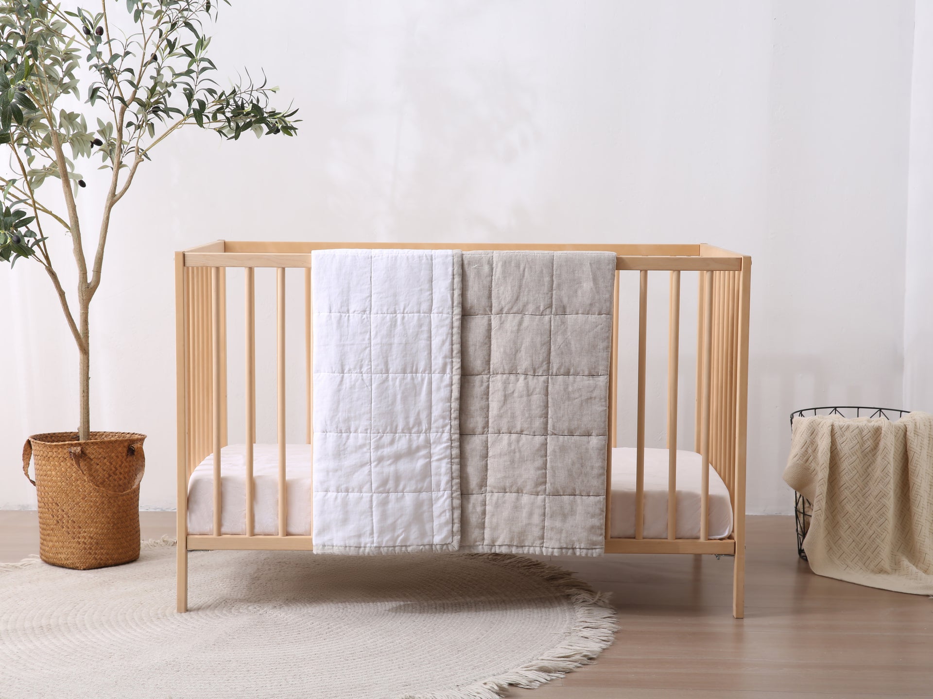 Quilted Linen Cot Blanket - Sand + Snow