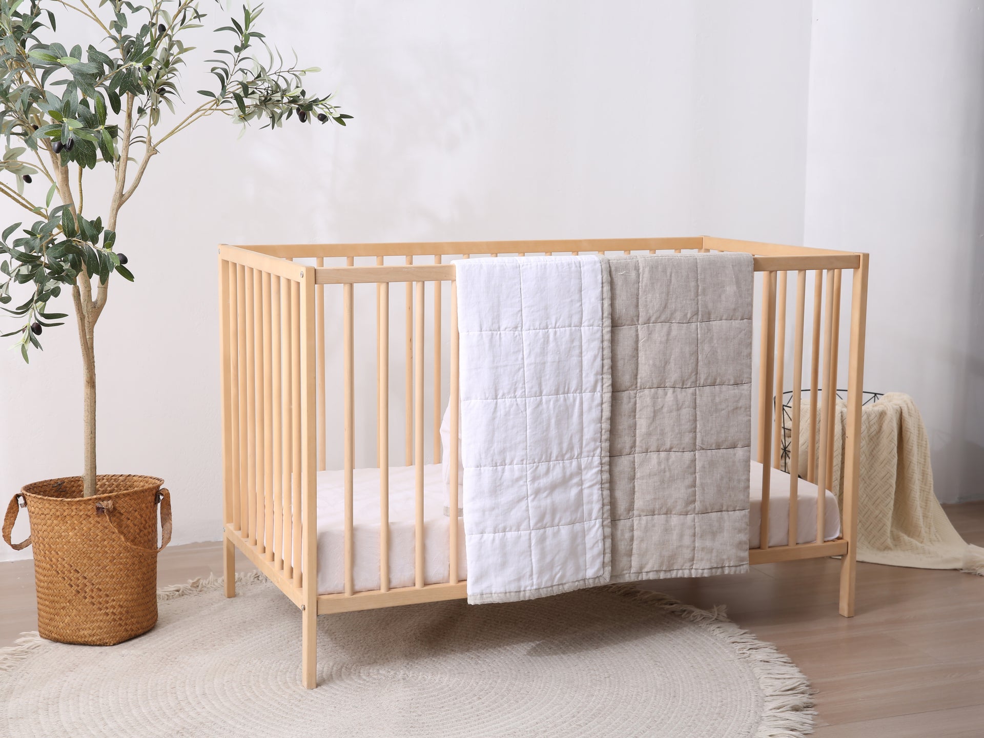 Quilted Linen Cot Blanket - Sand + Snow