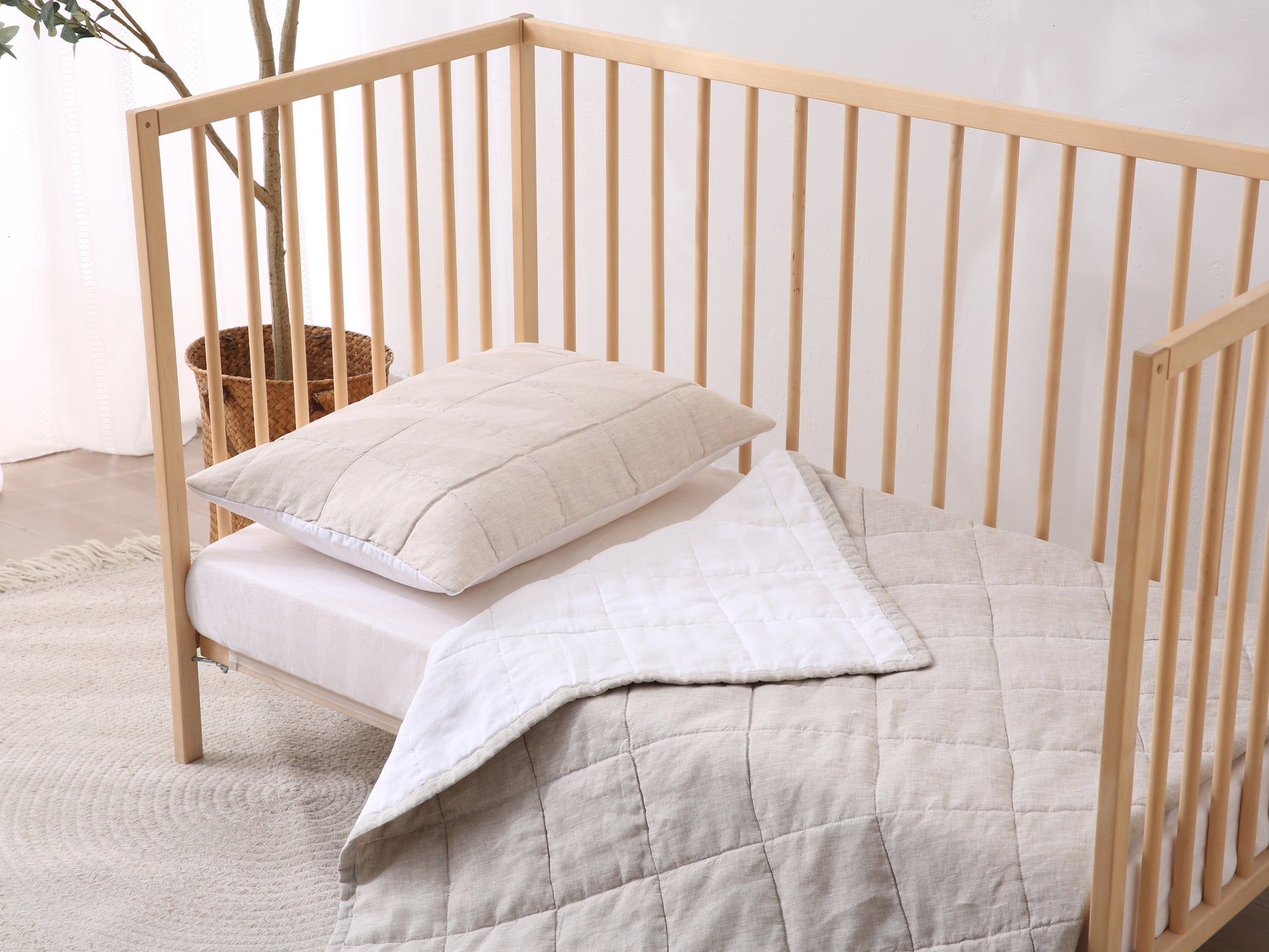 Quilted Linen Cot Blanket - Sand + Snow