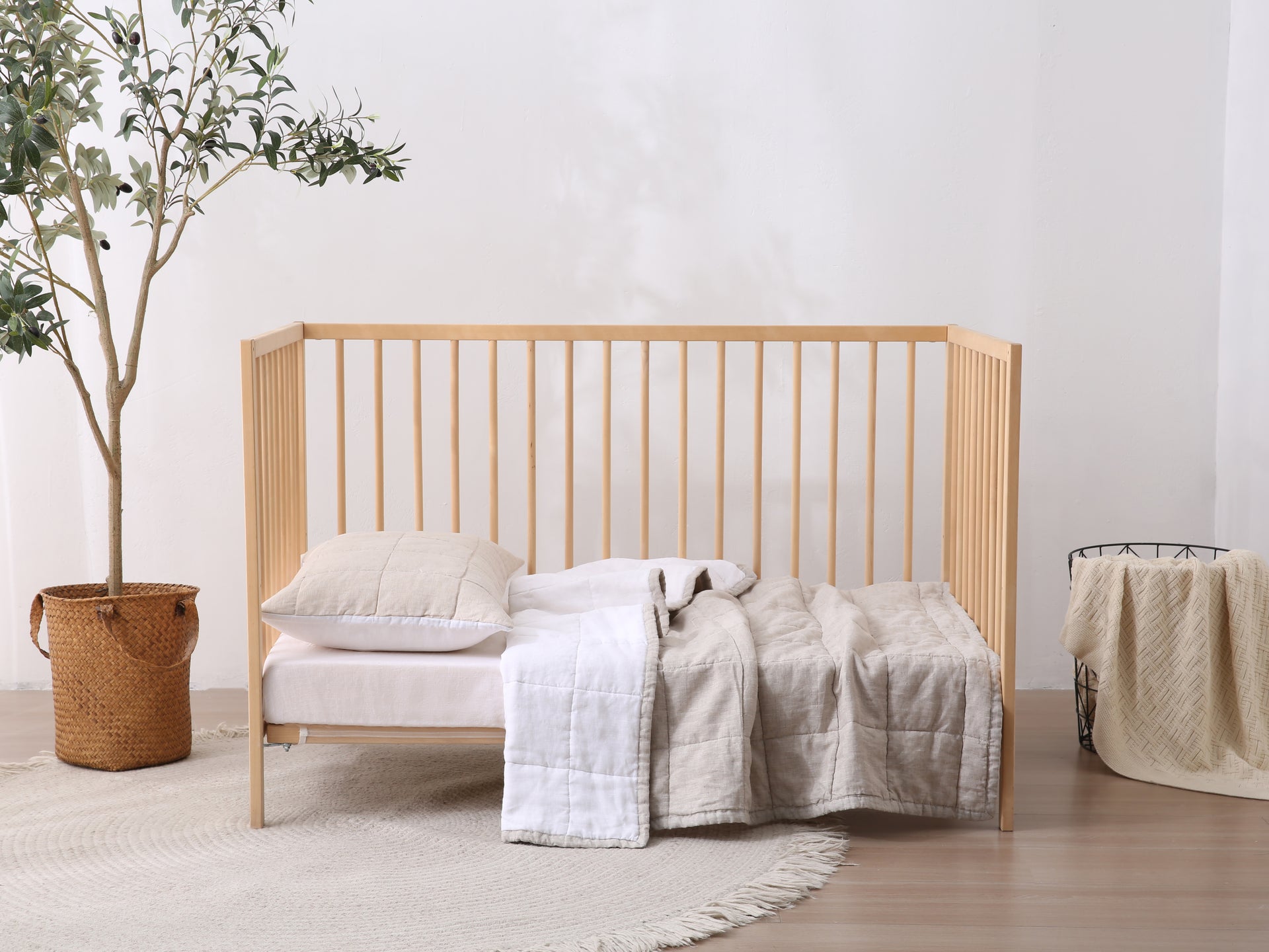 Quilted Linen Cot Blanket - Sand + Snow