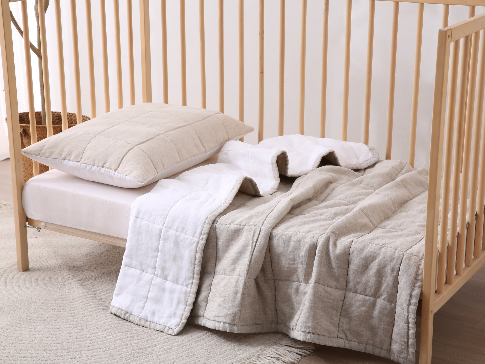 Quilted Linen Cot Blanket - Sand + Snow