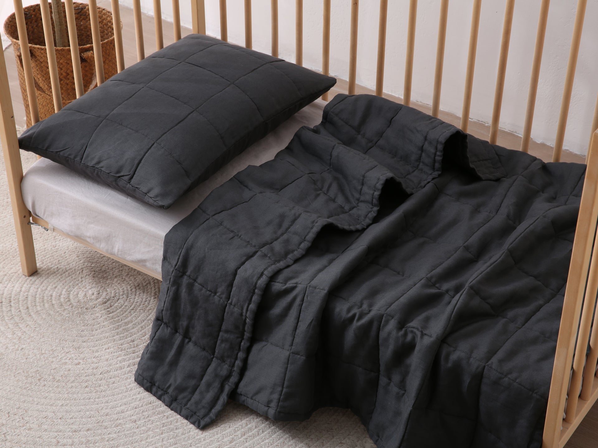 Quilted Linen Cot Blanket - Charcoal