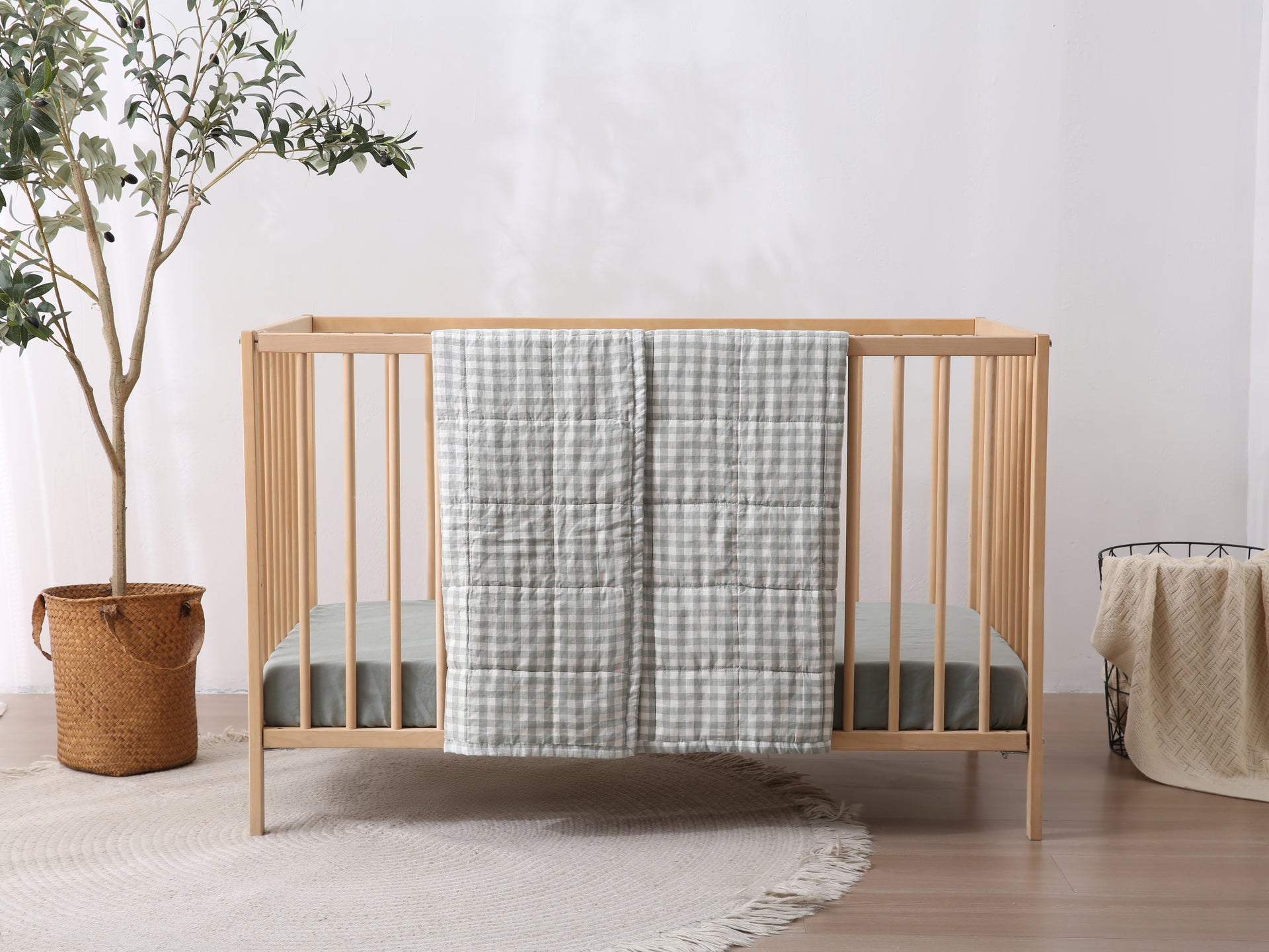 Quilted Linen Cot Blanket - Sage Gingham