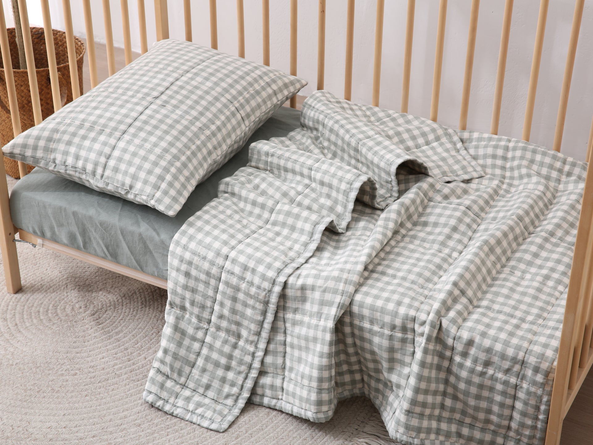 Quilted Linen Cot Blanket - Sage Gingham