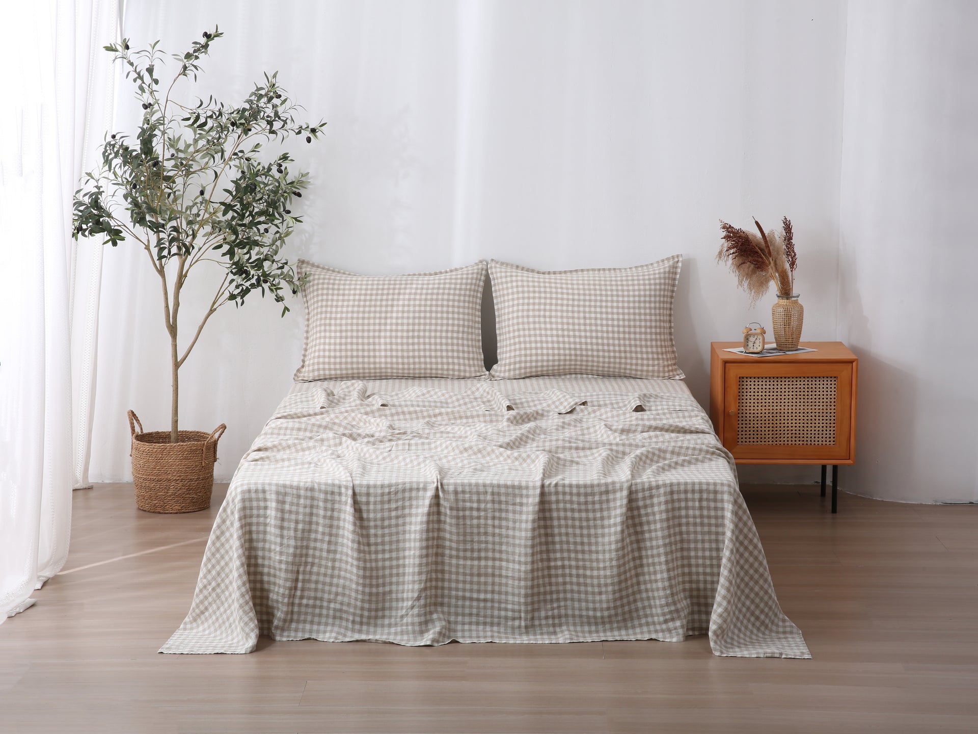 Linen Flat Sheet - Beige Gingham