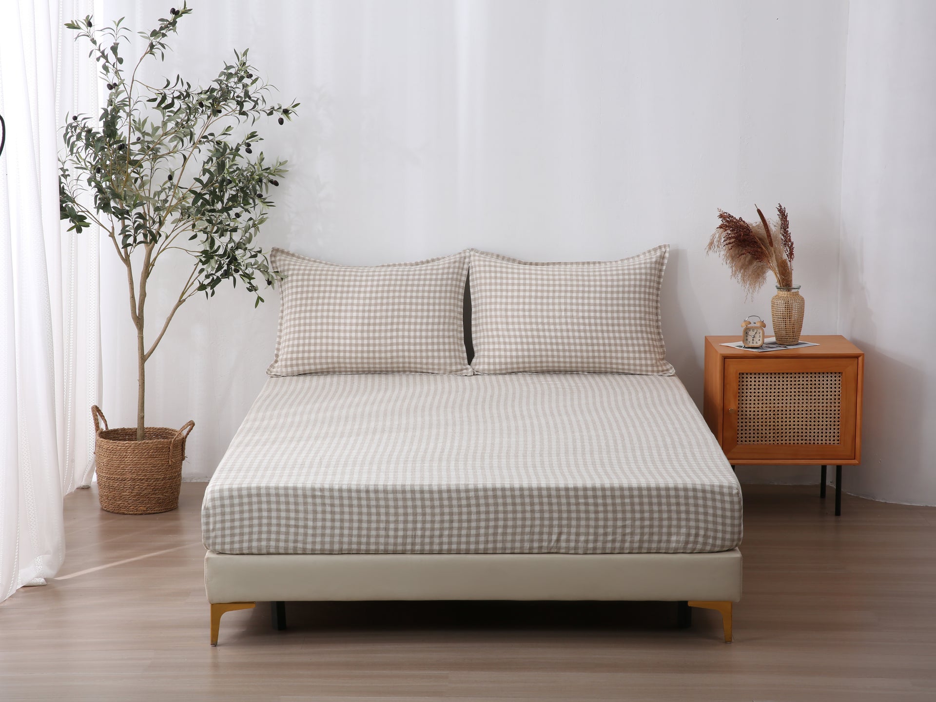Linen Fitted Sheet - Beige Gingham