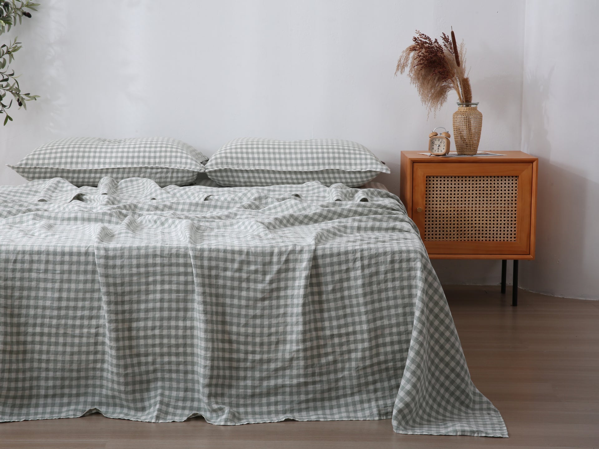 Linen Flat Sheet - Sage Gingham