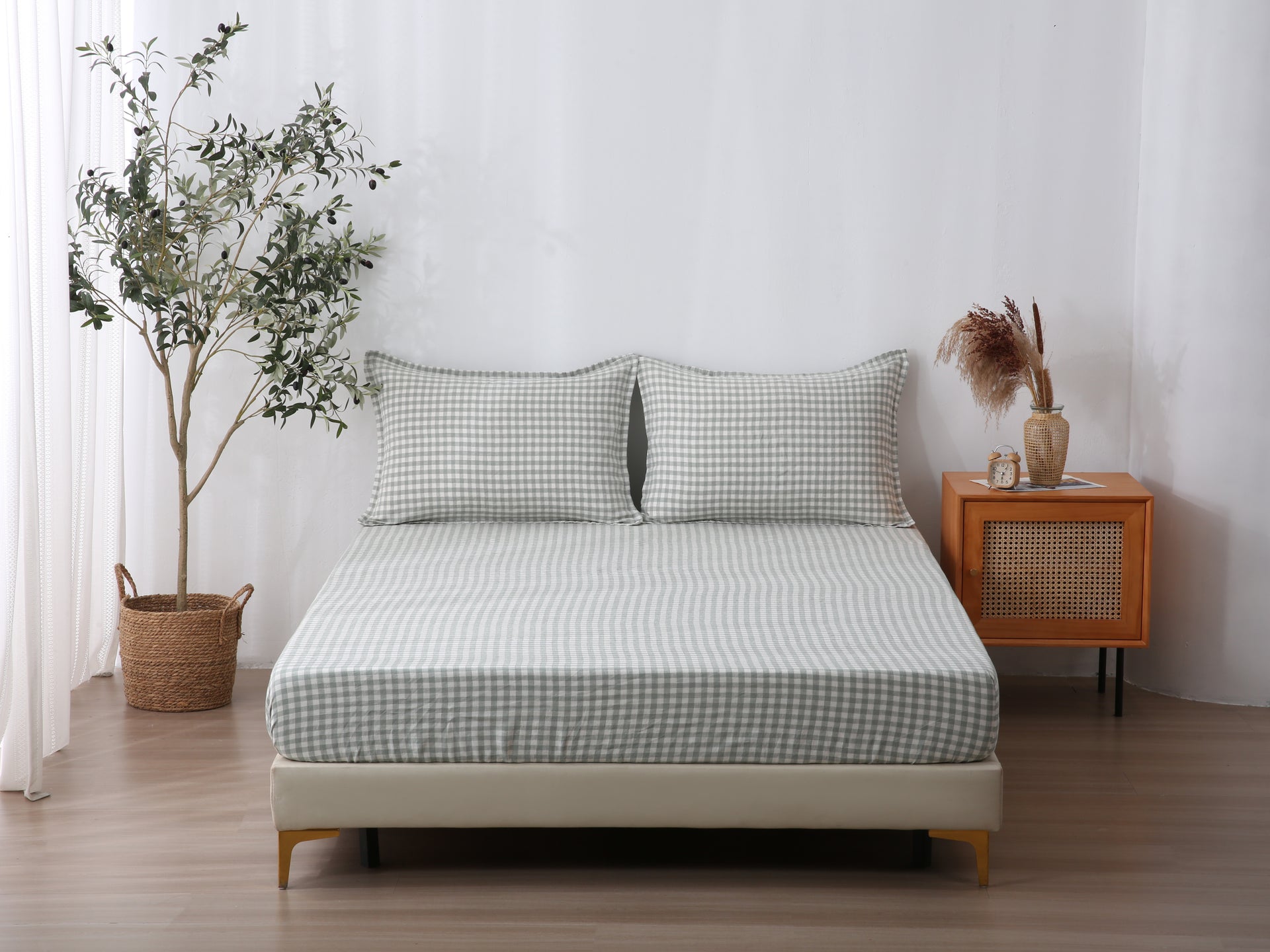 Linen Fitted Sheet - Sage Gingham