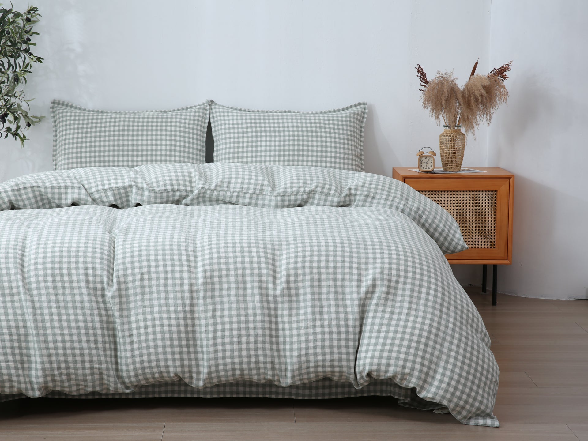 Linen Duvet Cover + Pillowcases - Sage Gingham
