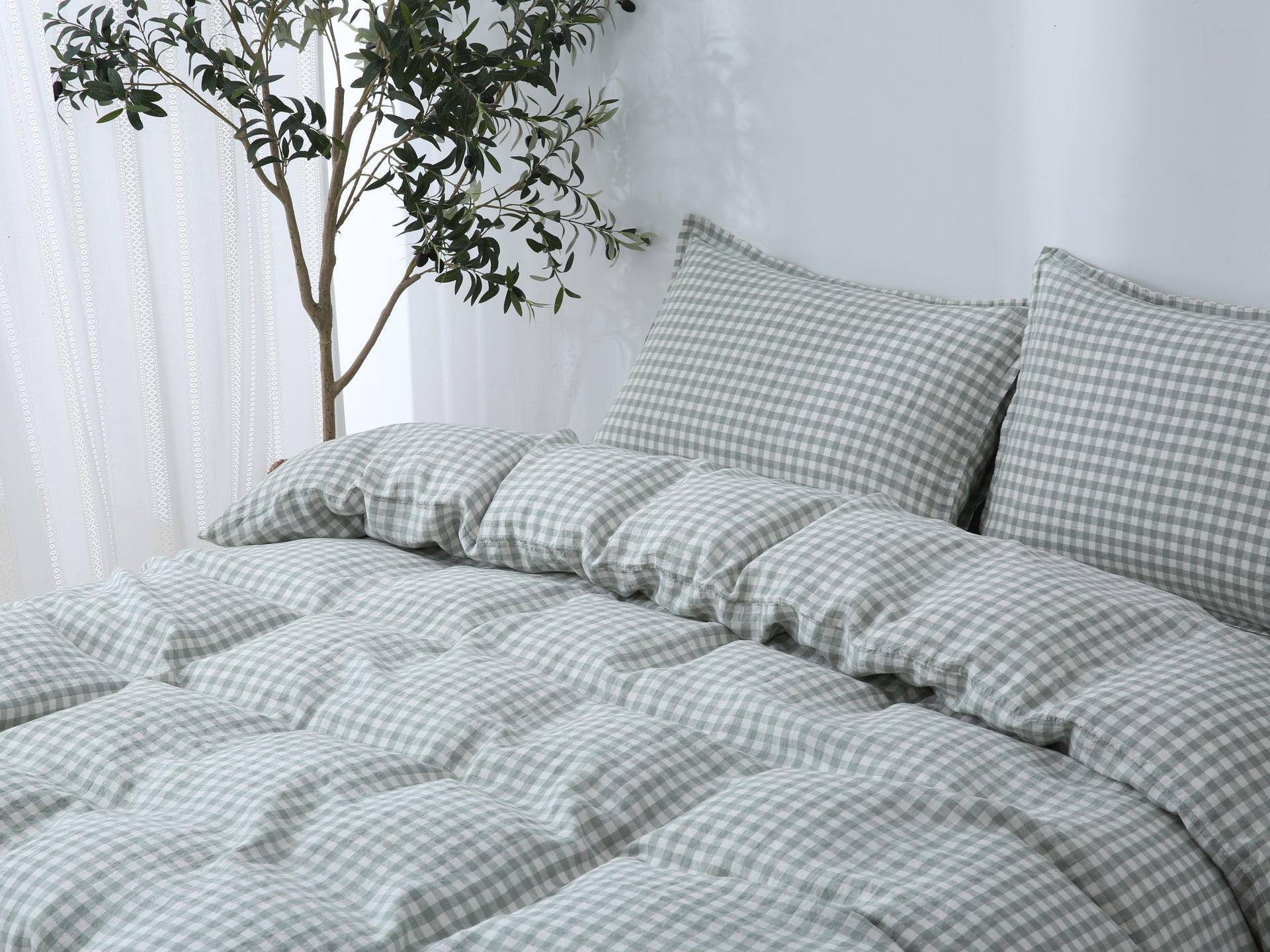 Linen Duvet Cover + Pillowcases - Sage Gingham