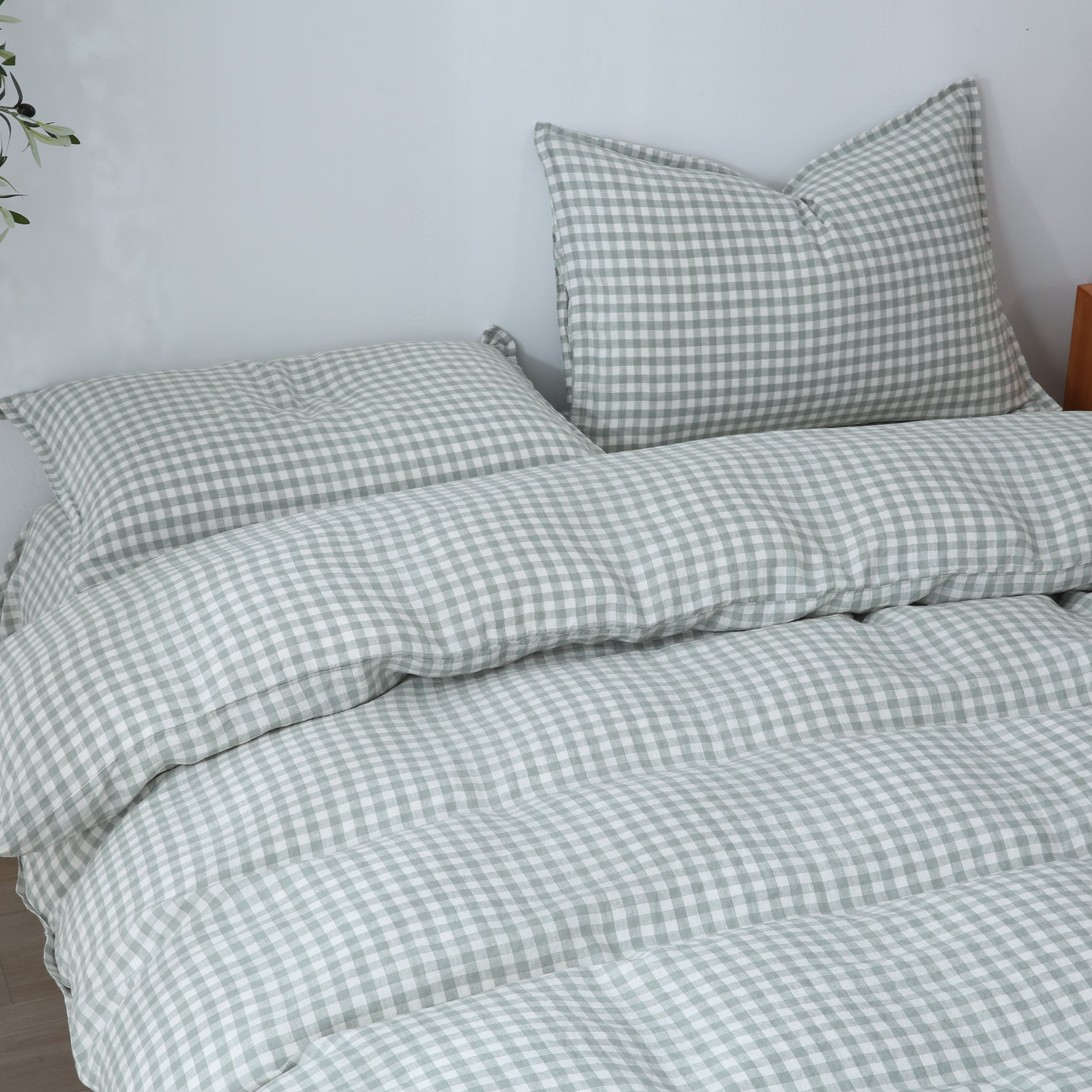 Linen Duvet Cover + Pillowcases - Sage Gingham